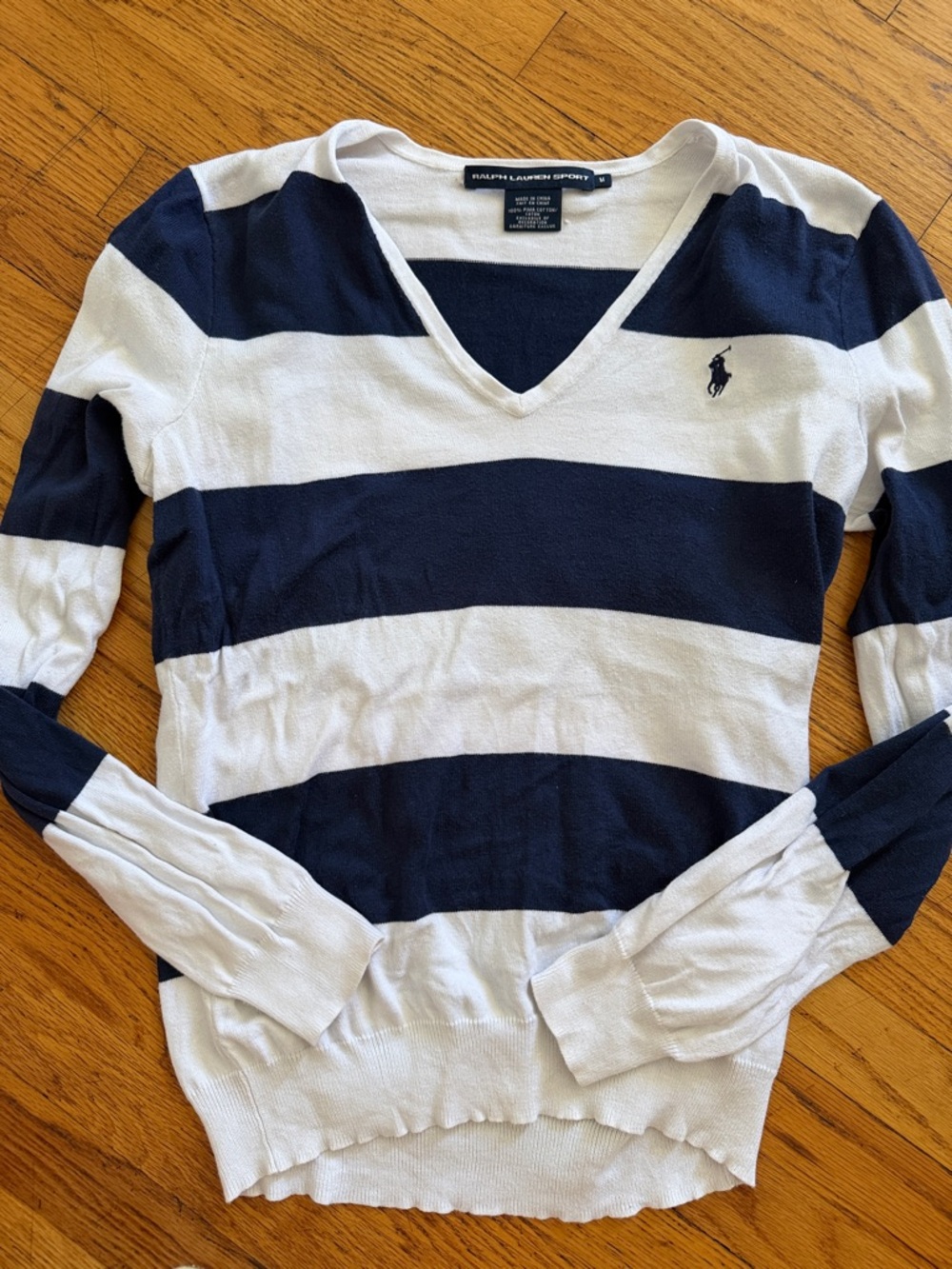 Ralph Lauren Navy & White Striped V-Neck Sweater